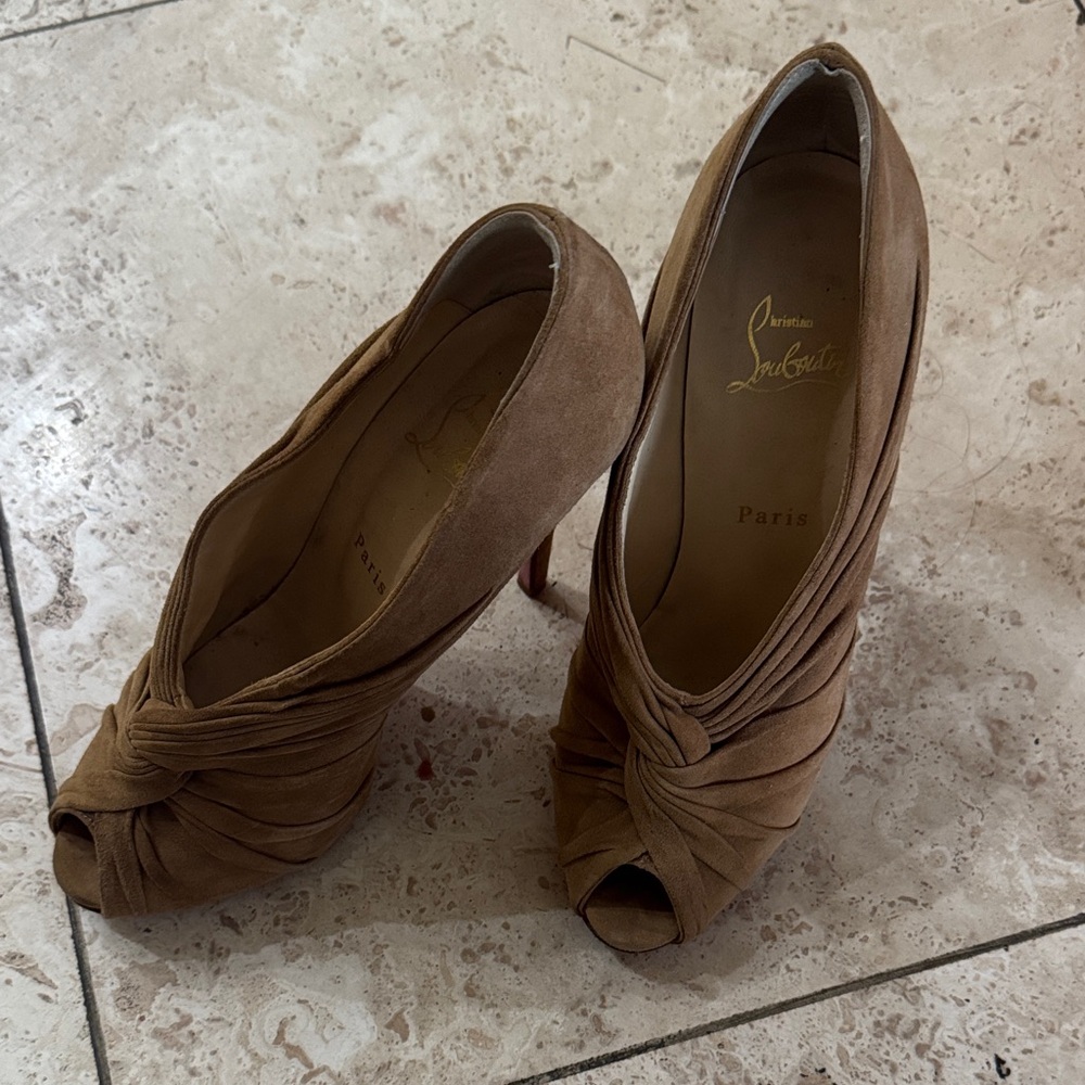 Christian Louboutin Tan Peep-Toe Heels